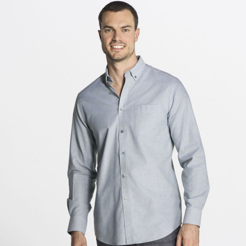 Chemise homme Oxford manches longues, col boutonné, poche côté coeur, 115 g/m²