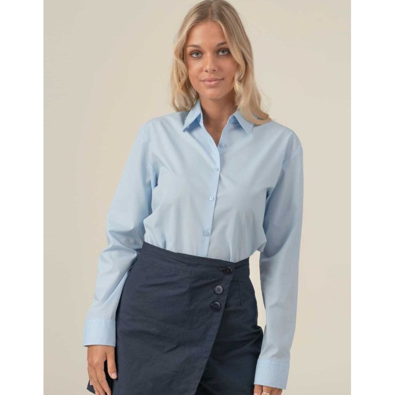 Chemise popeline femme manches longues, coupe ajustée, 100 g/m²
