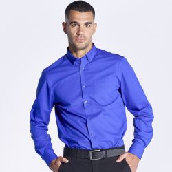 Chemise popeline homme manches longues, col boutonné, poche côté coeur, 100 g/m²