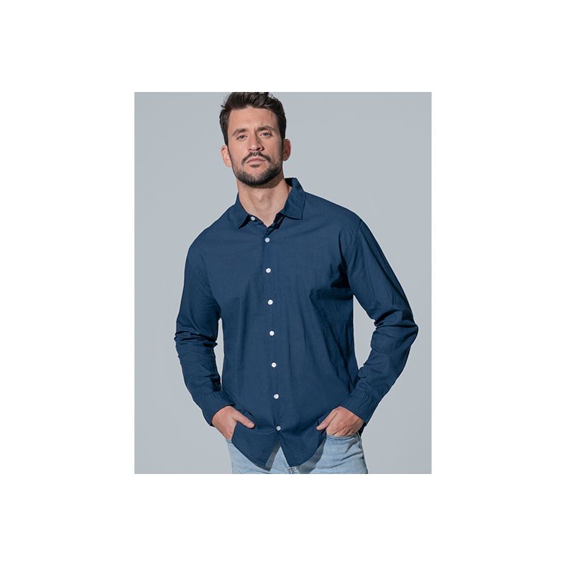 Chemise à manches longues en coton flammé sans boutons au cou