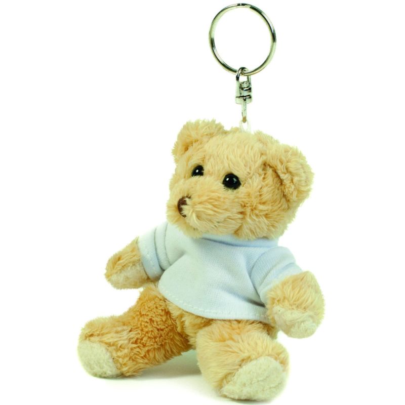 Ours en peluche porte-clé, attache métal, habillé d'un tee-shirt blanc amovible