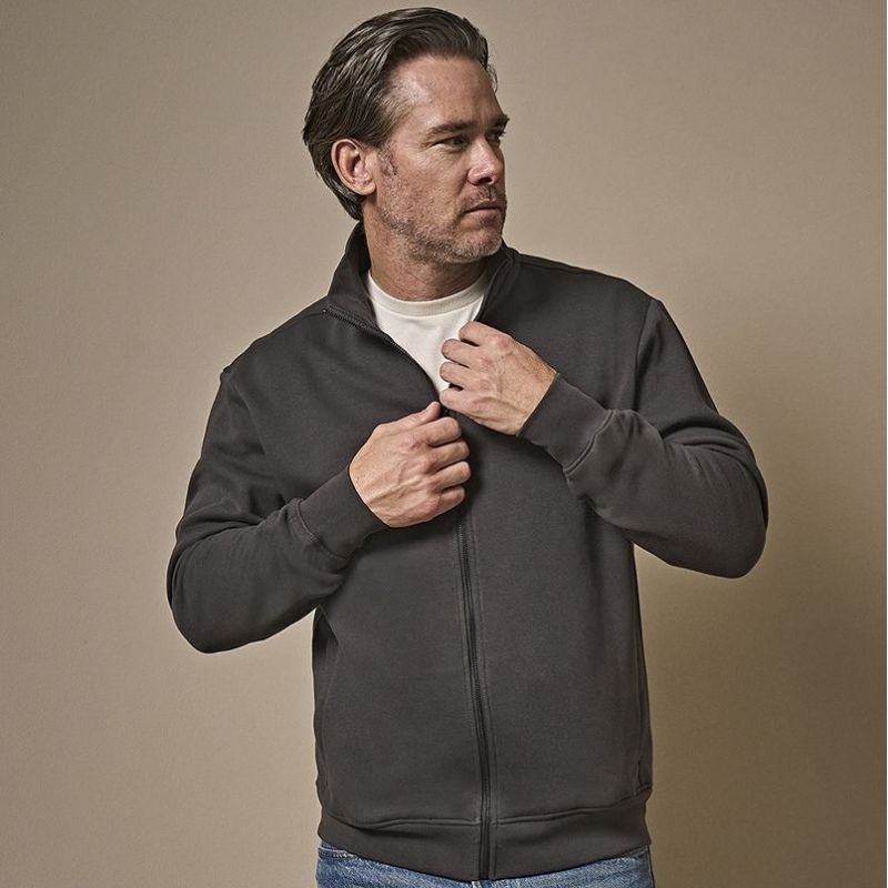 Sweat cardigan zippé en coton et polyester, col montant, poches avant, 310 g/m²