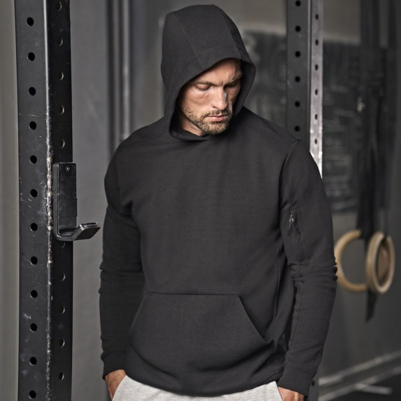 Sweat de sport à capuche en coton et polyester, poche zippée sur la manche, 320 g/m²