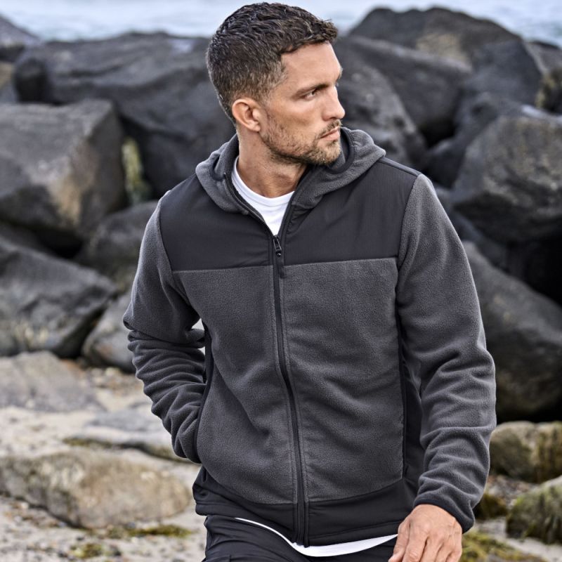 Polaire avec capuche en polyester, fermeture éclair, poches, 344 g/m²