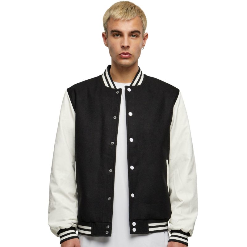 Veste baseball simili cuir col montant, manches contrastées, 400 g/m²