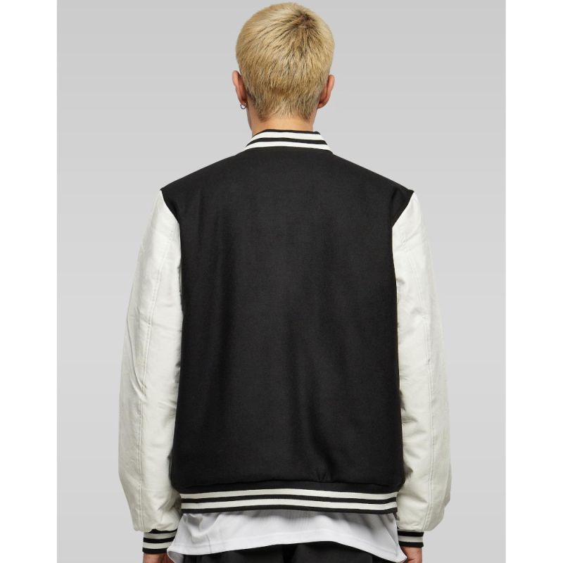 Veste baseball simili cuir col montant, manches contrastées, 400 g/m²