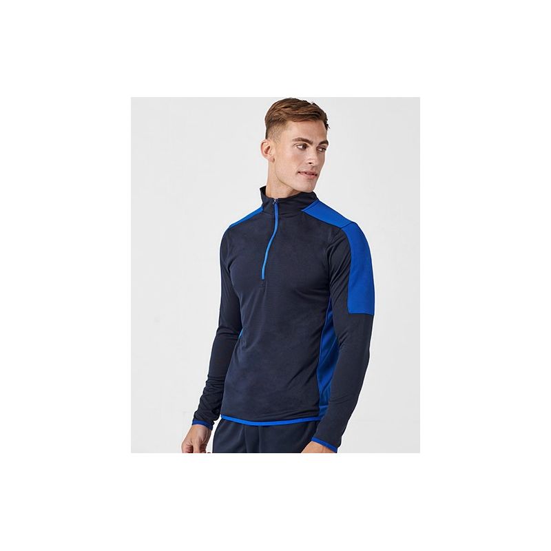 Sweat de sport bicolore col 1/4 zip en polyester, panneaux contrastants, 165 g/m²