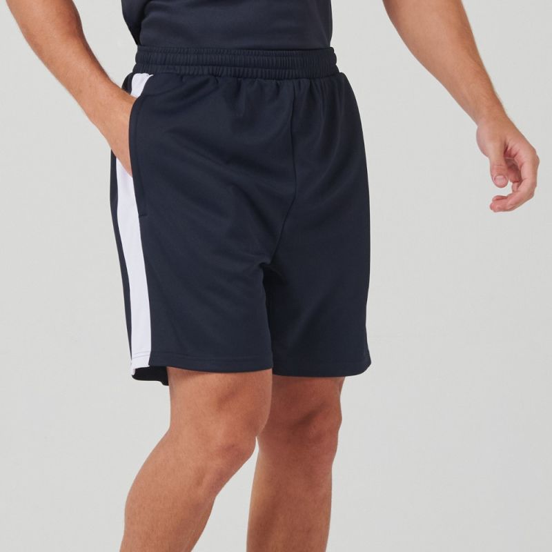 Short de sport bicolore en polyester, poches zippées, taille élastique, 250 g/m²