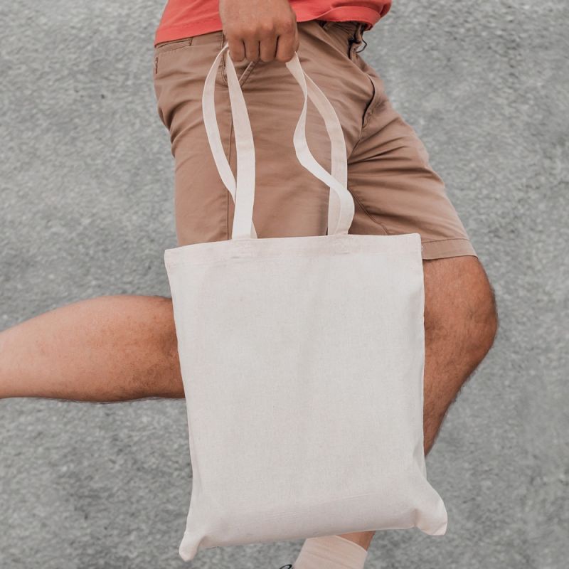Sac shopping en coton recyclé, anses longues, 140 g/m²
