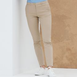Pantalon femme chino slim en coton élastique, ceinture ajustable, 4 poches, 225 g/m²