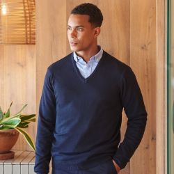 Pull col V homme en coton acrylique jauge 12, 285 g/m²
