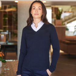 Pull col V femme en coton acrylique jauge 12, 285 g/m²