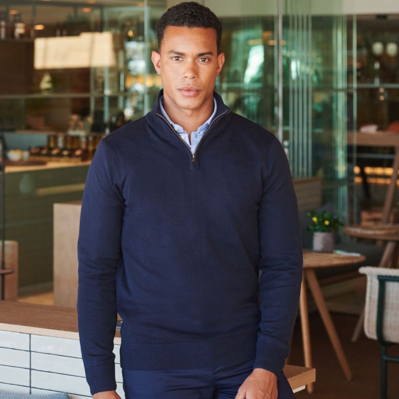 Pull col zippé en coton acrylique jauge 12, 225 g/m²