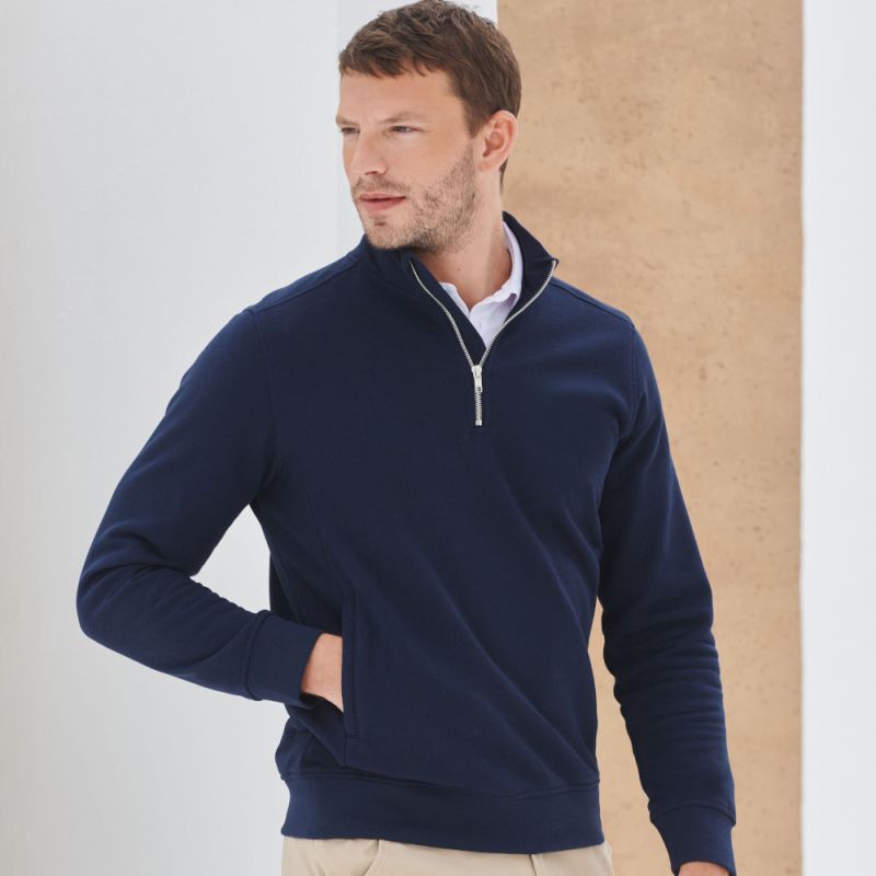 Sweat-shirt durable col zippé, intérieur brossé, 2 poches latérales zippées, 300 g/m²