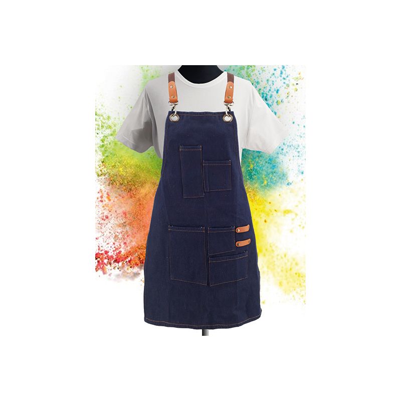 Tablier enfant en coton denim avec 5 poches et détails en cuir, 340 g/m²