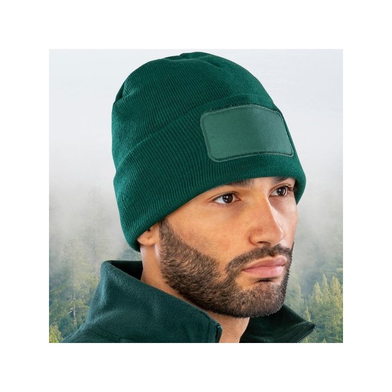 Bonnet recyclé double épaisseur, rabat large avec zone de marquage en polyester, 340 g/m²