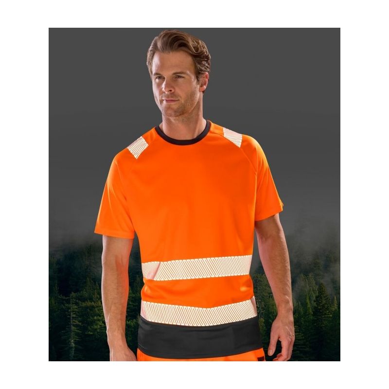 T-shirt haute visibilité en polyester recyclé respirant, bandes de sécurité imprimées, 155 g/m²