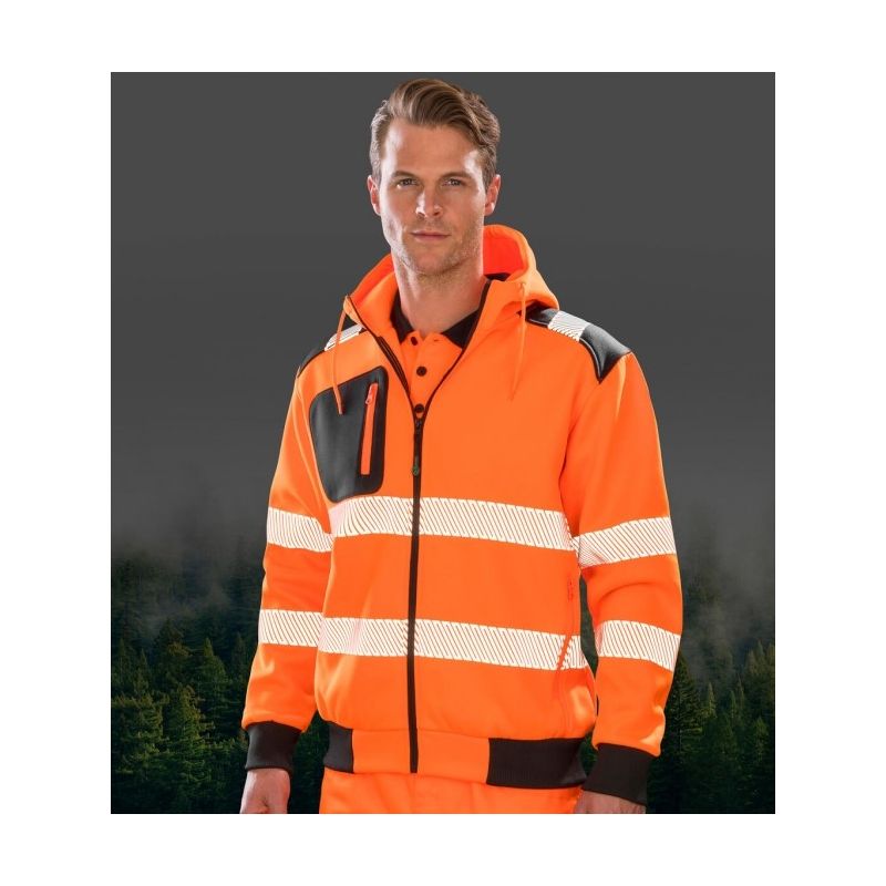 Sweat à capuche zippé YKK haute-visibilité recyclé, bandes de sécurité imprimées, 290 g/m²