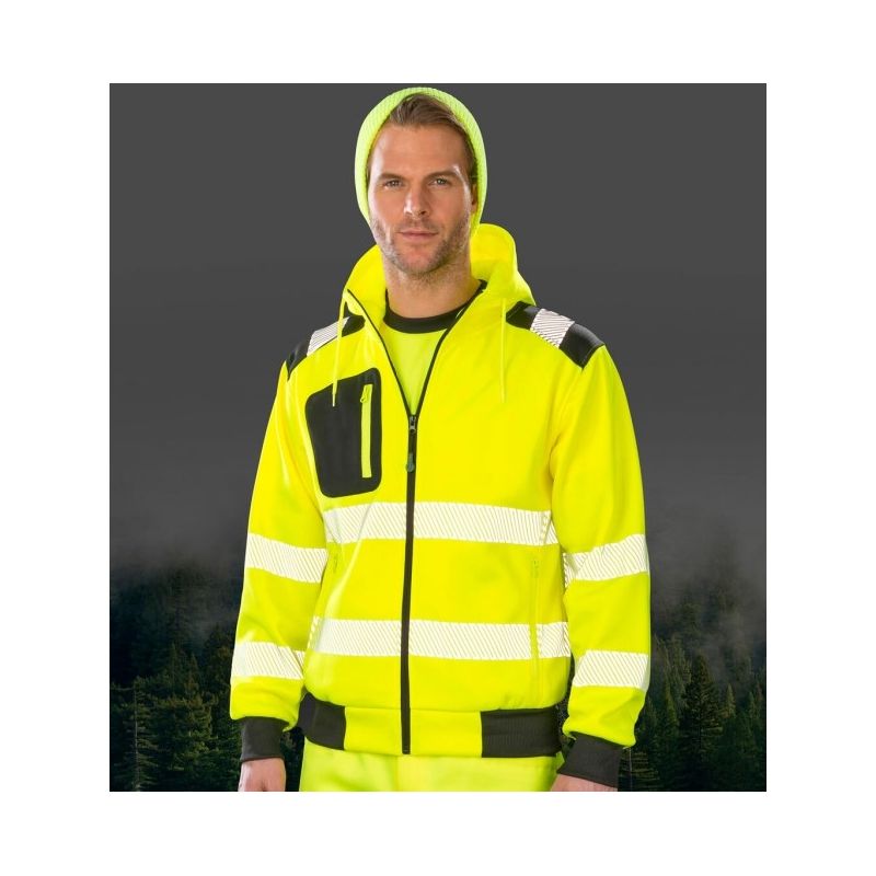 Sweat à capuche zippé YKK haute-visibilité recyclé, bandes de sécurité imprimées, 290 g/m²