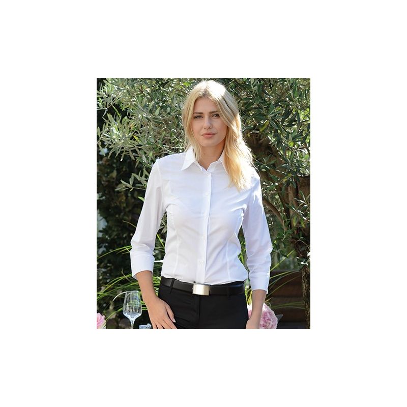 Chemisier femme, coton/polyester/élastoléfine, coupe droite, manches 3/4, 125 g/m²