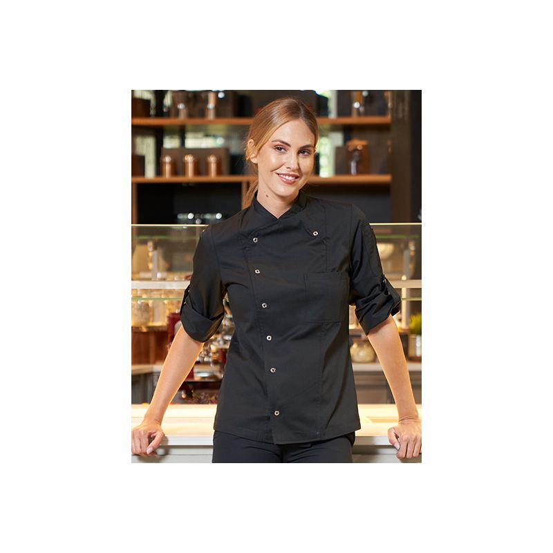 Veste de cuisine femme, coton/polyester, éco-responsable GreeNature, coupe cintrée, manches longues, 215 g/m²