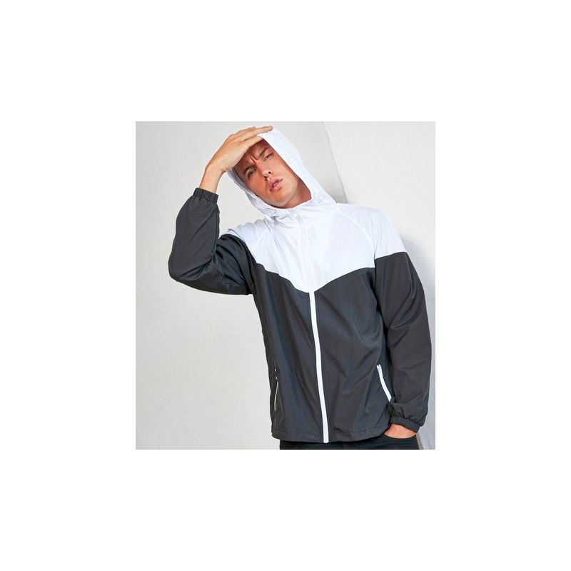 Veste coupe-vent homme bicolore, capuche mesh, poches zippées