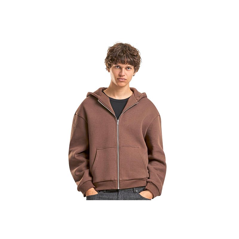 Sweat à capuche homme oversize duveteux zippé, zip métal, épaules basses, 330 g/m²
