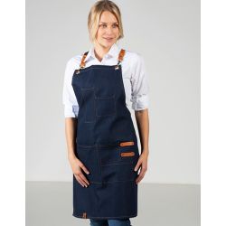 Tablier denim coton avec 5 poches et détails cuir, 80 x 70 cm, 340 g/m²