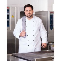 Veste de chef polyester et coton double boutonnage, manches longues, 220 g/m²