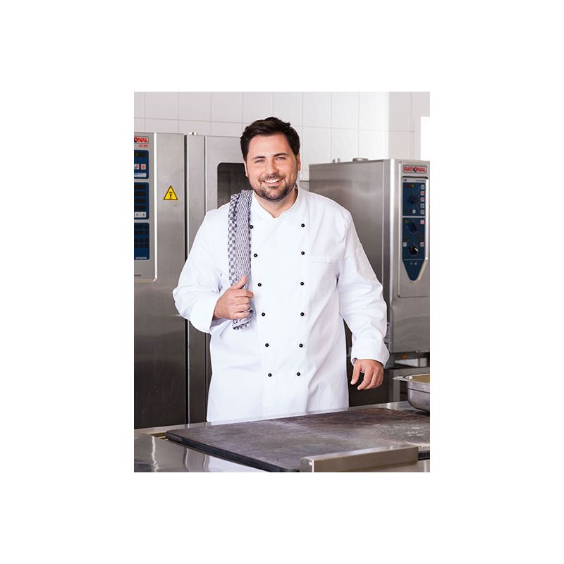 Veste de chef polyester et coton double boutonnage, manches longues, 220 g/m²