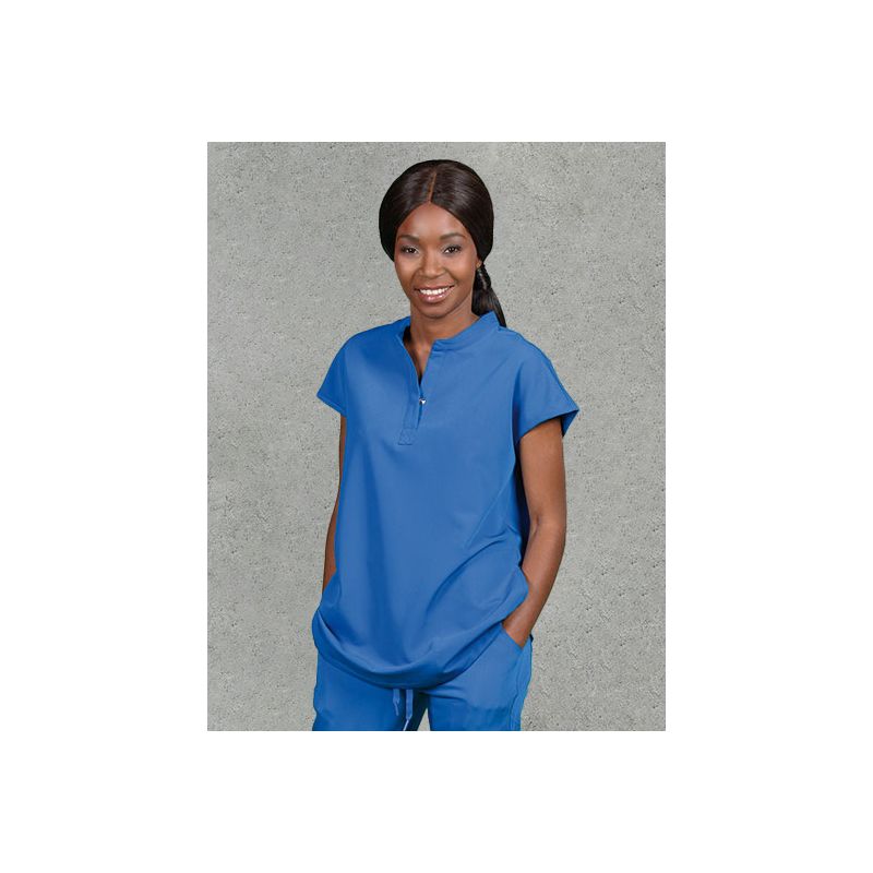 Blouse-tunique femme polyester et coton, col V, manches courtes, 215 g/m²