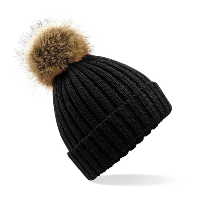 Bonnet Beanie épais et ultra doux avec pompon en fourrure