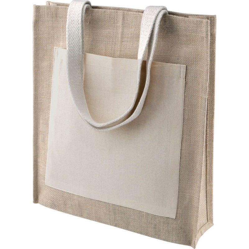 Sac shopping en toile de jute, poche extérieure en coton