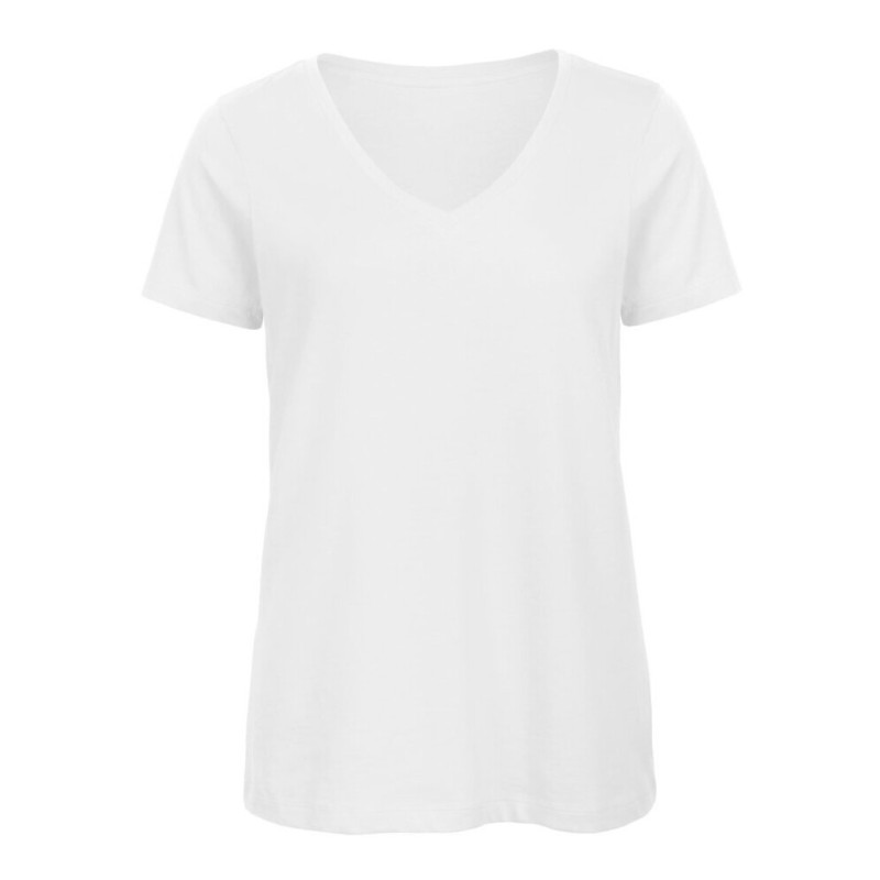 T-shirt femme col V sans étiquette, coton bio ringspun, 140 g/m²