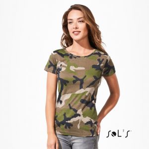 T-shirt femme camouflage, manches courtes, 100% coton, 150 g/m²