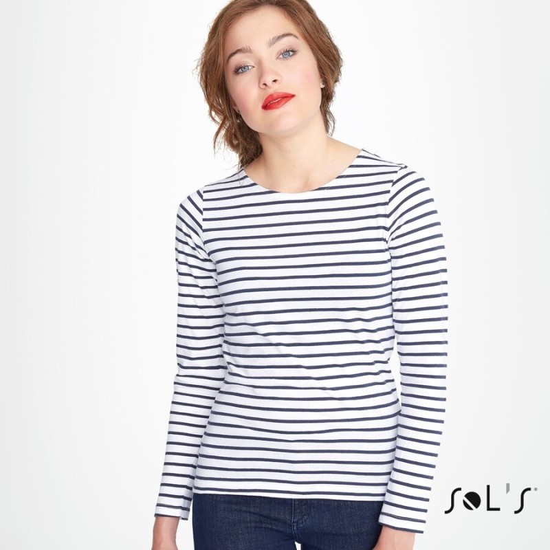 T-shirt femme marinière, manches longues, 100% coton, 150 g/m²