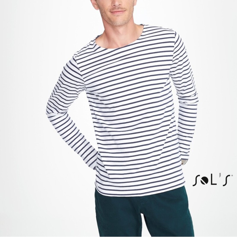 T-shirt homme marinière, manches longues, 100% coton, 150 g/m²