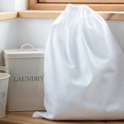 Sac à linge blanc en coton tissé, fermeture par cordelette, 120 g/m²