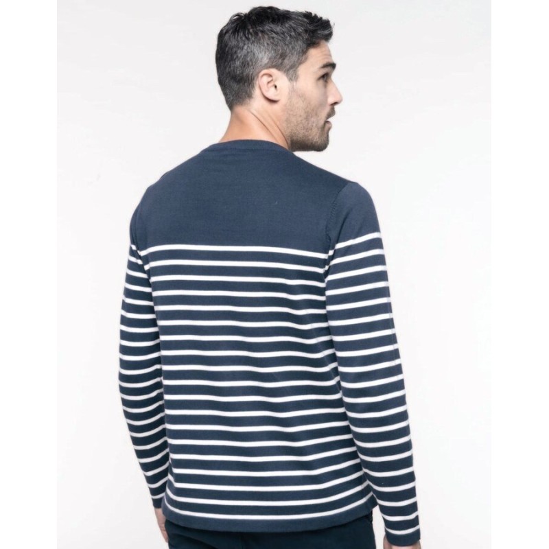 Pull marin homme manches longues en coton, 3 boutons à l'épaule