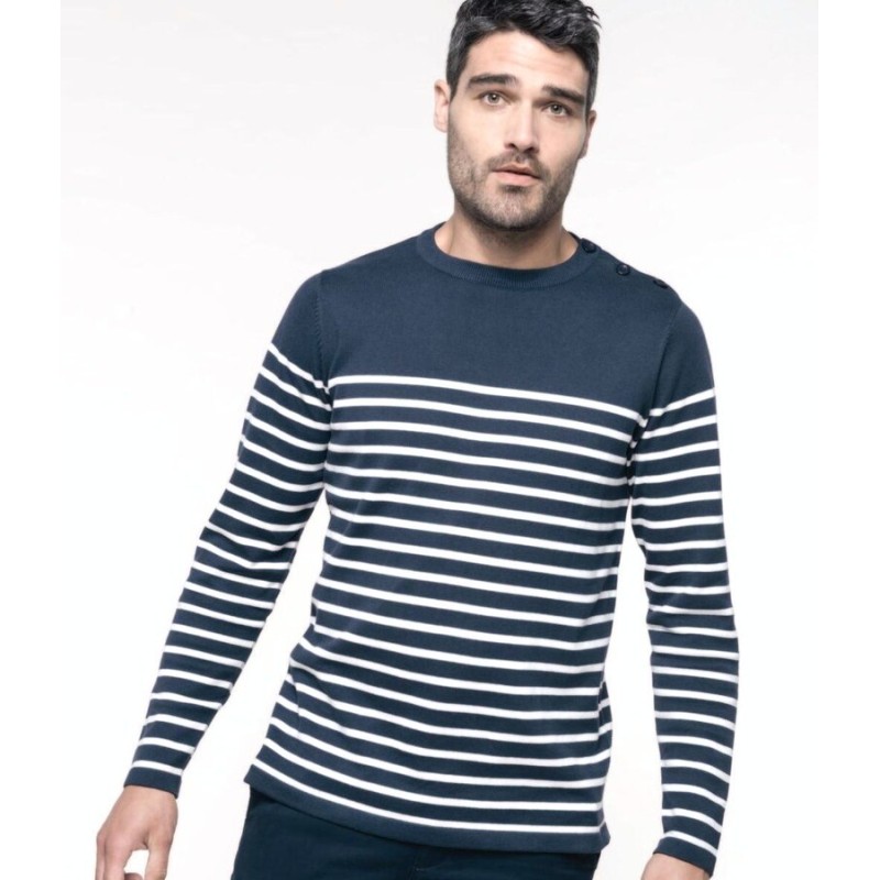 Pull marin homme manches longues en coton, 3 boutons à l'épaule