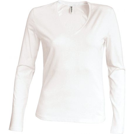 T-shirt femme col V à manches longues en coton, 180 g/m²