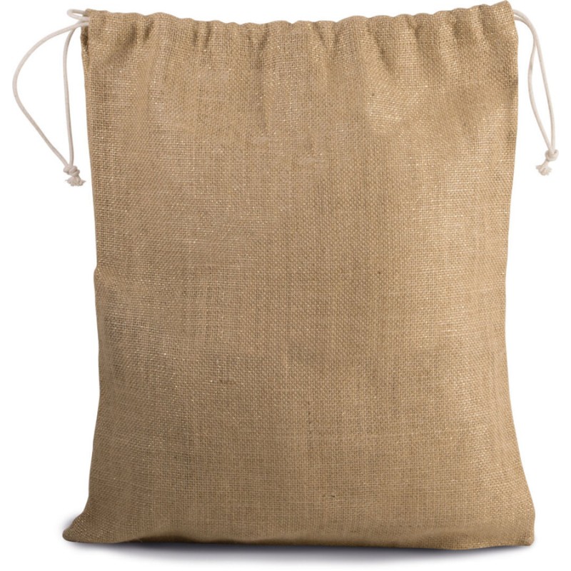 Sac avec cordelettes en toile de jute dorée, poche en coton