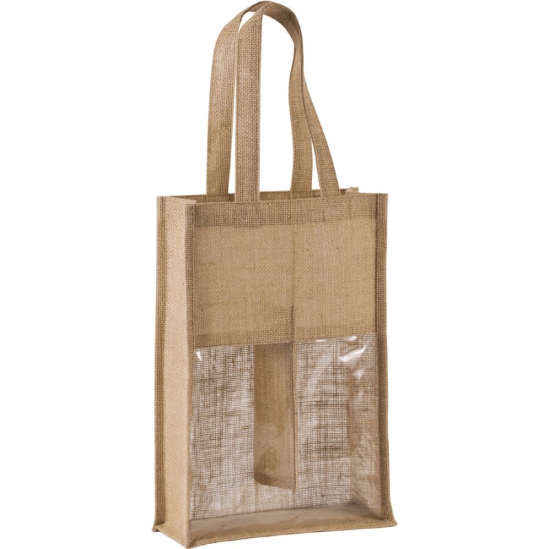 Sac à bouteille en jute avec fenêtre transparente pour deux bouteilles