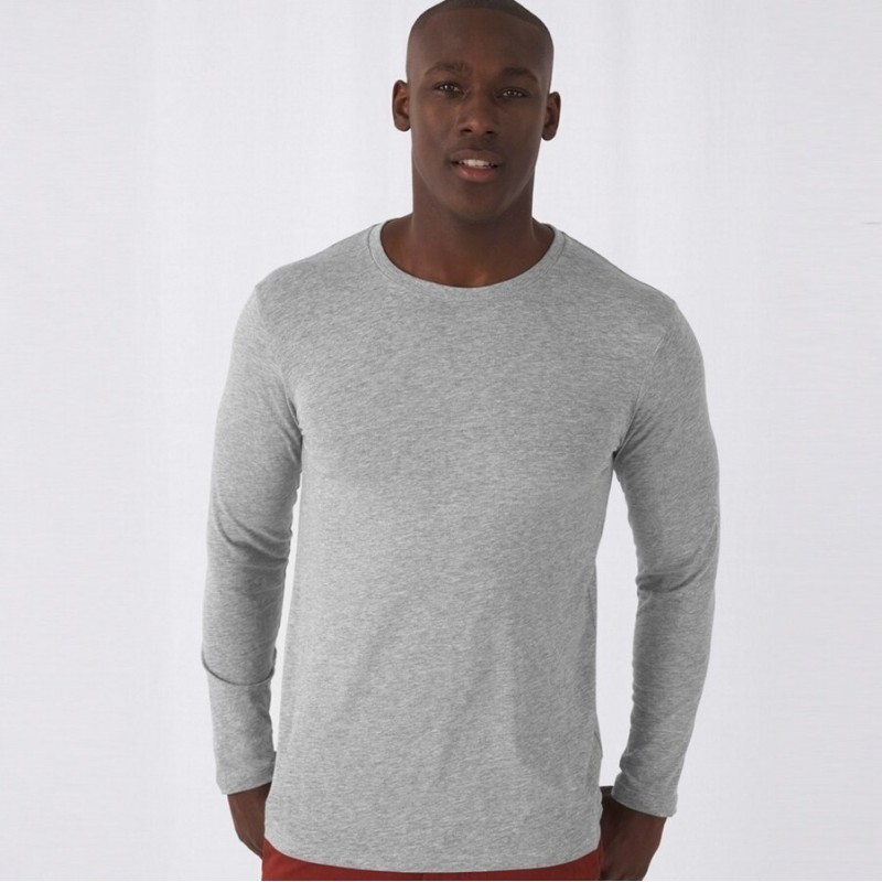 T-shirt homme manches longues en coton bio sans étiquette, 140 g/m²