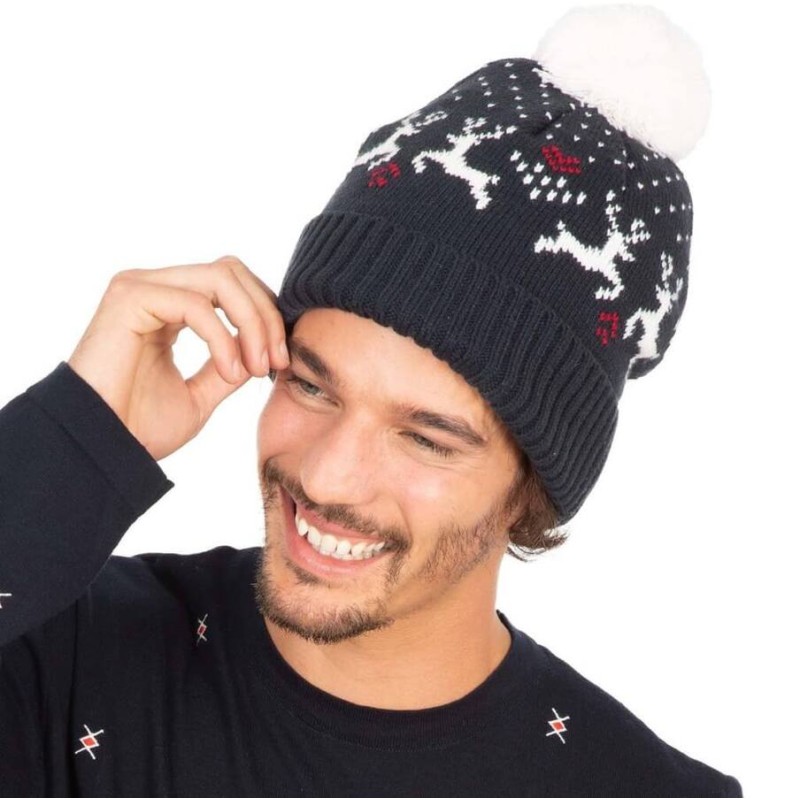 Bonnet d'hiver à pompon aux motifs fantaisie rennes