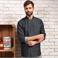 Veste denim de chef cuisinier col mao et fermeture croisée, 230 g/m²