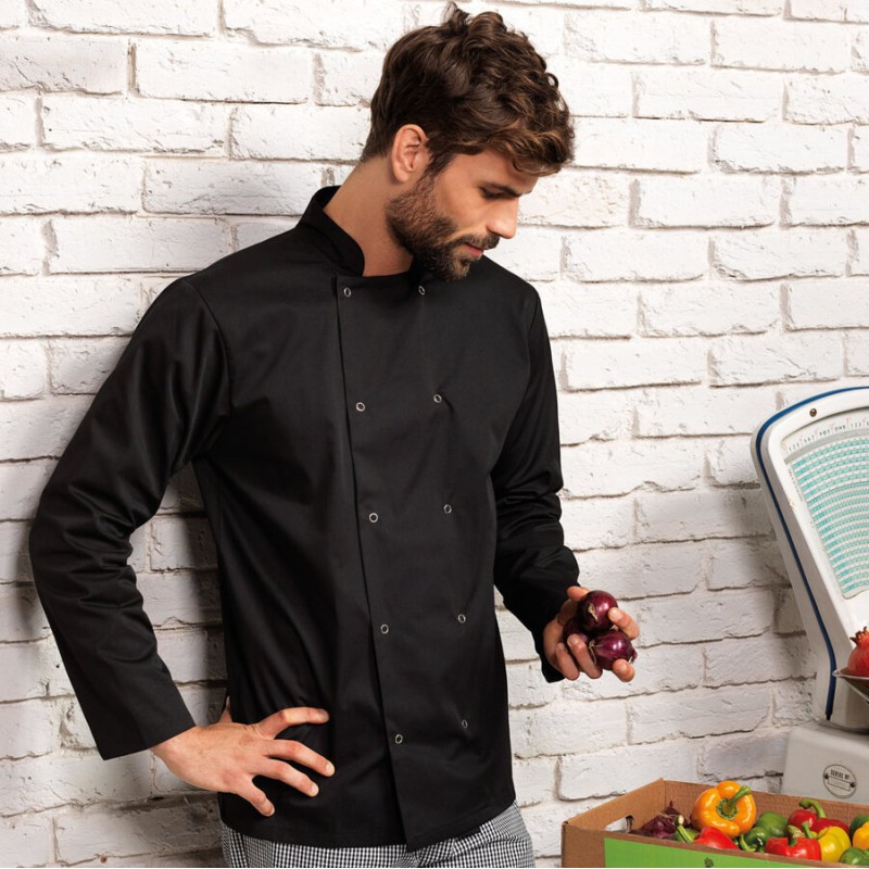 Veste de cuisinier manches longues à boutons pressions, 195 g/m²