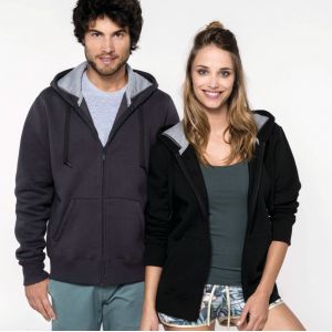 Sweat-shirt zippé à capuche contrastée, poche kangourou, 360 g/m²