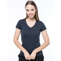 T-shirt femme Supima col V manches courtes sans étiquette, 160 g/m²