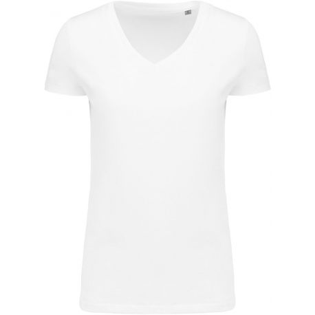 T-shirt femme Supima col V manches courtes sans étiquette, 160 g/m²
